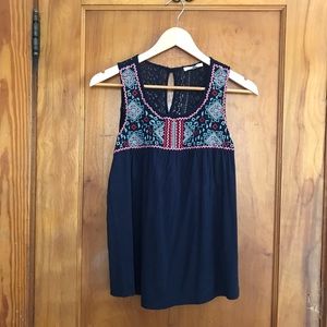 Embroidered Navy Tank Top